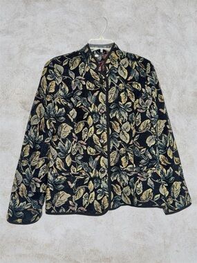 First Option Black Botanical Leaf Jacquard Button Up Blazer Jacket size M